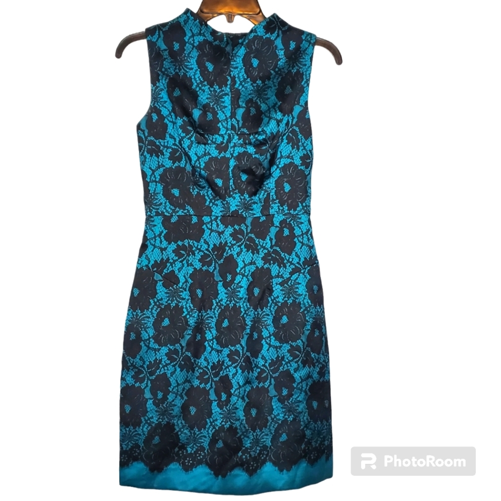 Milly Gianna Lace Print Sleeveless Shift Dress Silk Wool Blend Teal Black Size 2